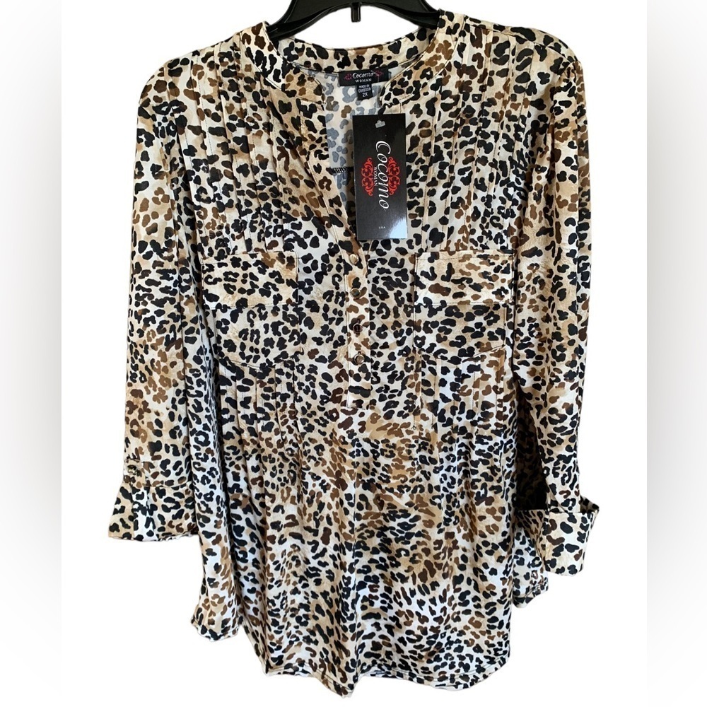 COCOMO 2X Brown Plus Size 3/4 sleeve women's Pintuck Blouse top tunic - Picture 3 of 13